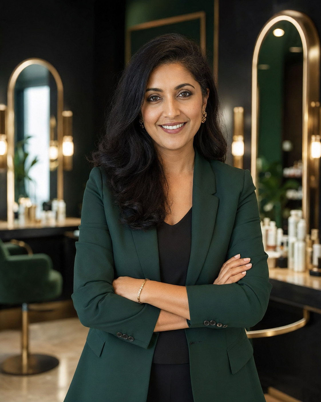 Illustrative portrait of a smiling salon owner with her arms folded